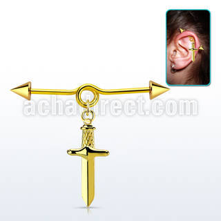 incntd17 gold plated steel industrial loop barbell w cone & dagger