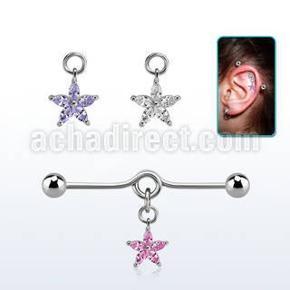 inddz2 steel industrial loop barbell w ball flower cz petals 