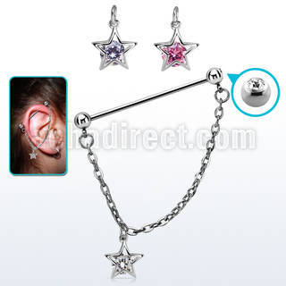 indsdz3 steel industrial loop barbell w jewel ball flower cz 
