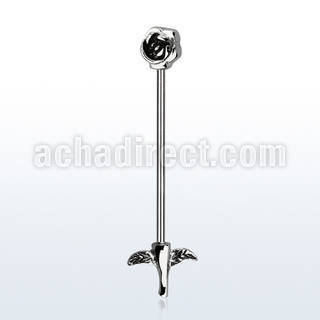 indsh27 316l steel industrial barbell w a rose two small leafs