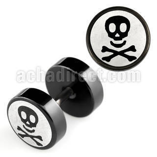 ipls2 black 316l steel fake plug w laser edged skull bones