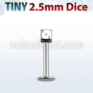 lbsdi25 316l steel labret with a tiny 2 5mm dice