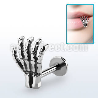 lbskhd 316l steel labret with casted 316l steel skeleton hand