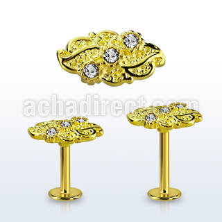 lbtfw4c gold 316l steel labret, 16g w a leaf top w crystals