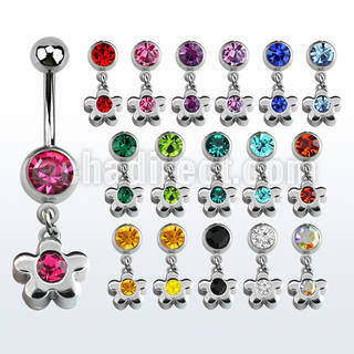 mcd399 316l steel belly banana w flower dangle w center crystal