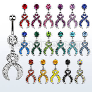 mcd496 316l steel belly banana with dangling crystal ribbon