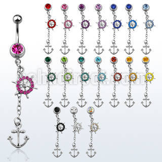 mcd567x 316l steel belly banana w crystal wheel anchor dangle