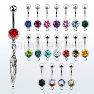 mcd583 316l steel belly banana w jewel ball dangling feather