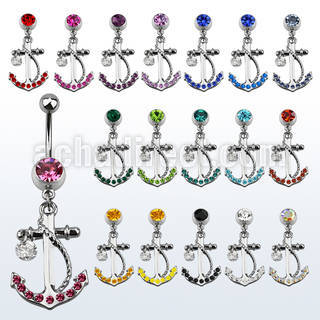 mcd589 316l steel belly banana with anchor w 5mm cz