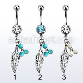 mcd601b 316l steel belly banana w dangling faux turquoise balls