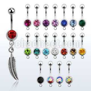 mcd638 316l steel belly banana w bezel ball dangling feather