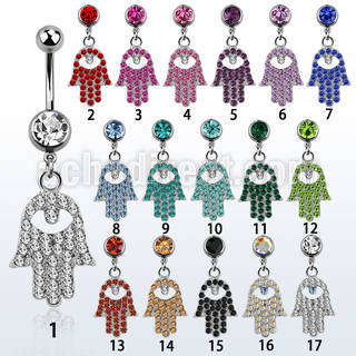 mcd668 belly banana w a dangling crystal studded hamsa design