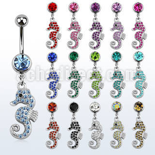 mcd674 belly banana w a dangling crystal studded sea horse 