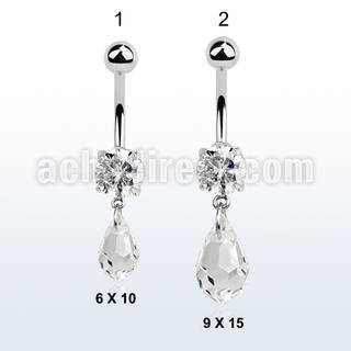 mcd710 steel belly banana w a dangling tear drop shaped crystal