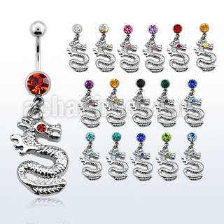 mcd721 316l steel belly banana w dangling dragon w crystal eyes