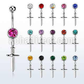 mcd768 steel belly banana w 8mm jewel ball w dangling dagger