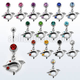 mcddp4 316l steel belly banana with dolphin w crystal
