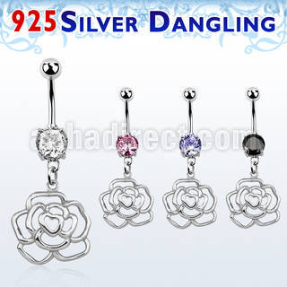 mcdvd10 steel cz belly banana w dangling silver rose