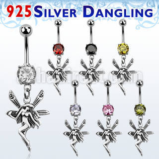 mcdvd12 316l steel cz belly banana w dangling silver fairy