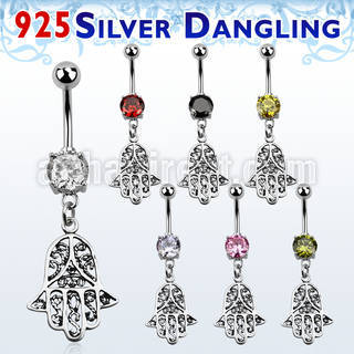 mcdvd14 316l steel cz belly banana w dangling silver hamsa