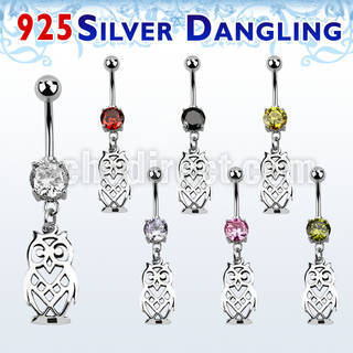 mcdvd15 316l steel belly banana w dangling sterling silver owl