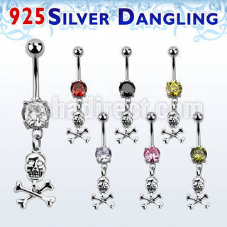 mcdvd28 steel belly banana w cz silver skull with crossed bones