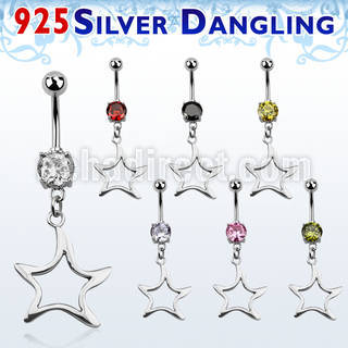 mcdvd8 316l steel cz belly banana w dangling silver star