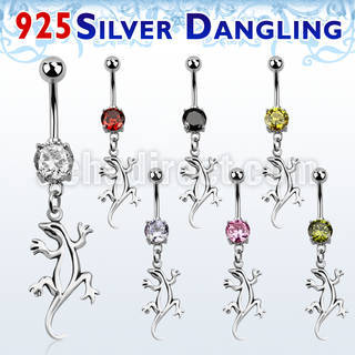 mcdvd9 316l steel cz belly banana w dangling silver lizard