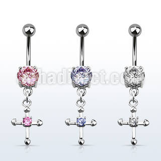 mcdz14 316l steel belly banana w prong cz cross w round cz