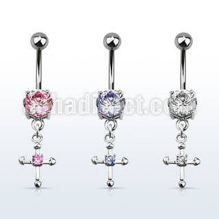 mcdz14s 316l steel belly banana with prong cz small cross