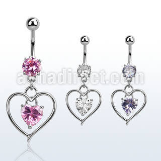mcdz306 316l steel cz belly banana dangling heart shaped cz
