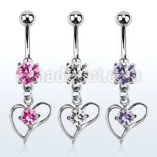 mcdz391 316l steel cz belly banana w dangling heart cz