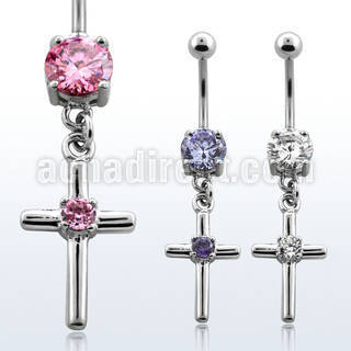 mcdz394 316l steel belly banana with cross w central prong cz