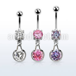 mcdz417 steel cz belly banana w round dangling w cz stone