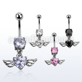mcdz586 belly banana w a dangling heart shaped cz stone w wings