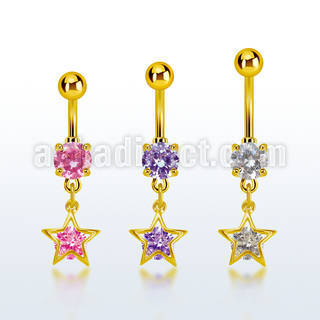 mdgz414 gold steel belly banana w dangling star shape w round cz