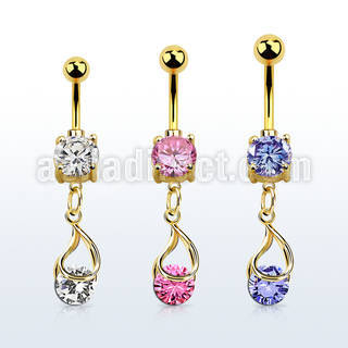 mdgz416 gold cz belly banana w dangling snap fit round cz 
