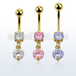 mdgz519 gold anodized belly banana w a dangling 8mm round cz