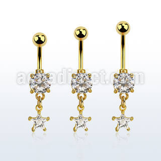 mdgzs6 gold steel belly banana w dangling prong set cz star