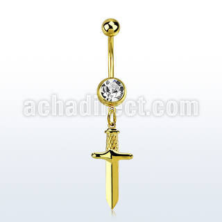 mdk768 gold plated steel belly banana w jewel ball & dagger 