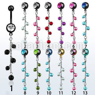 mdkdpr7 pvd 316l steel belly banana w dangling multi pearl chain
