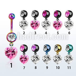 mdkz529 pvd 316l steel belly banana w dangling 9mm heart cz