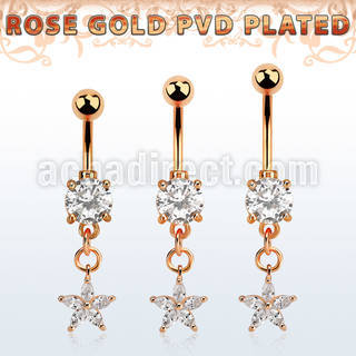 mdrz413 rose gold steel belly banana w dangling flower w cz