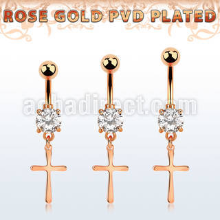 mdrz757 piercing ombligo acero quirurgico oro rosa zirconia redonda 8mm colgante liso cruz simple venta