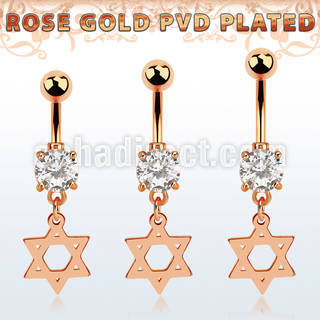 mdrz758 rose gold steel belly banana w prong set cz w david star