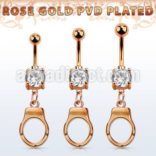 mdrz765c rose gold steel belly banana w cz dangling handcuff