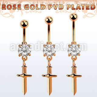 mdrz768 rose gold belly banana w 8mm  cz & dangling dagger