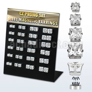 mg113 board w 24 prs. of magnetic ear studs w square clear cz