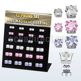 mg114 board w 24 prs. of magnetic ear studs w square color cz