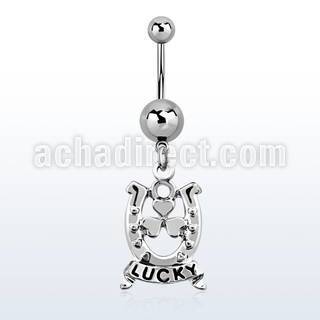 msd572 316l steel belly banana w a dangling horseshoe design